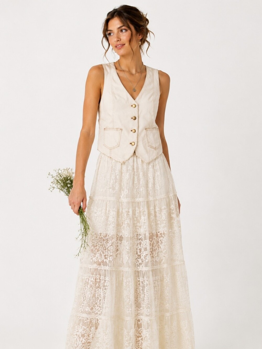 Anthropologie Belle Vere Cream Vest Cottagecore Western Button Front Medium